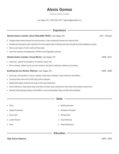 Weatherization Installer Resume