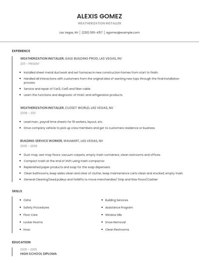 Weatherization Installer Resume