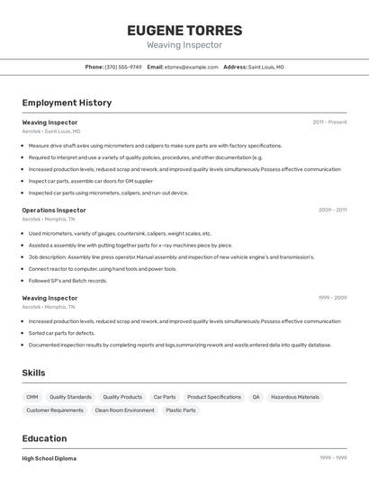Weaving Inspector Resume