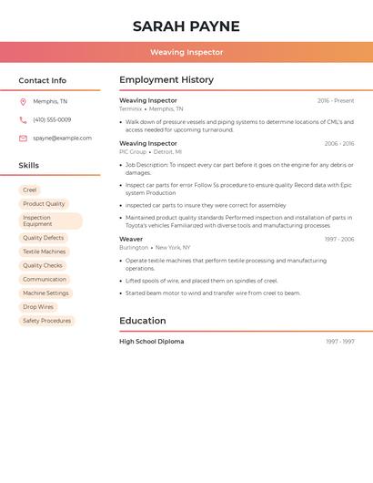 Weaving Inspector Resume
