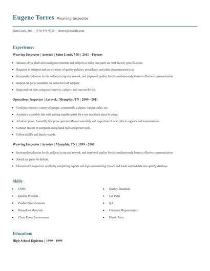 Weaving Inspector Resume