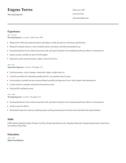 Weaving Inspector Resume