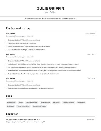 Web Editor Resume