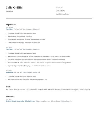 Web Editor Resume