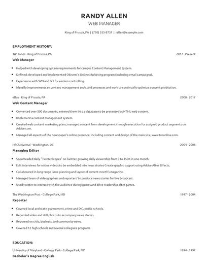 Web Manager Resume