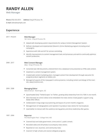 Web Manager Resume