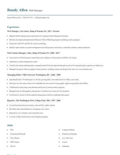 Web Manager Resume