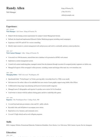 Web Manager Resume