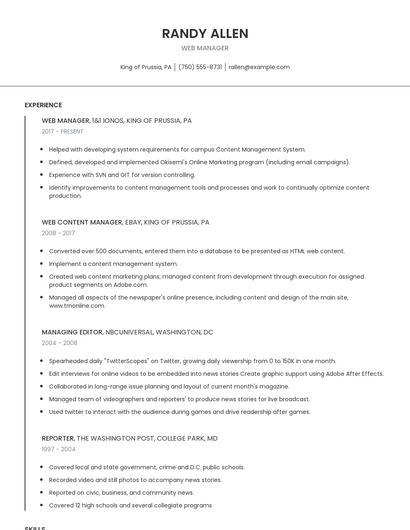 Web Manager Resume