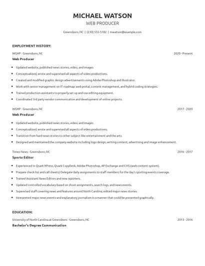 Web Producer Resume