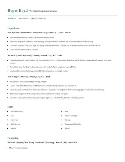 Web Systems Administrator Resume