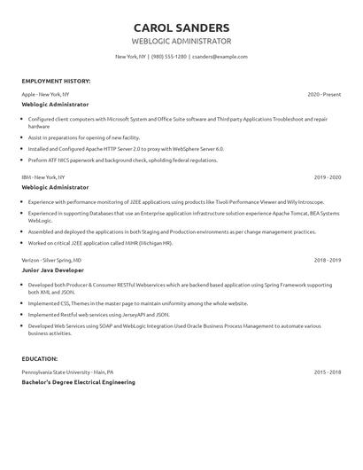 Weblogic Administrator Resume