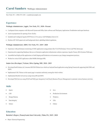 Weblogic Administrator Resume