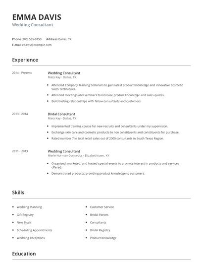 Wedding Consultant Resume