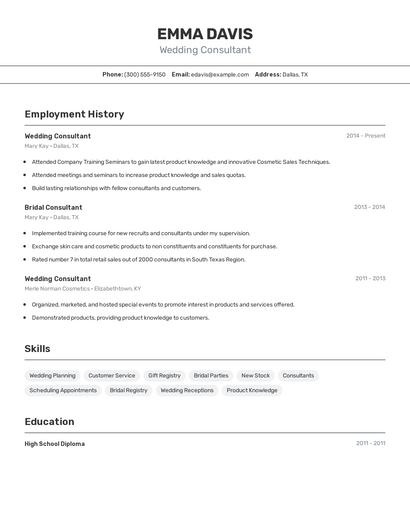 Wedding Consultant Resume