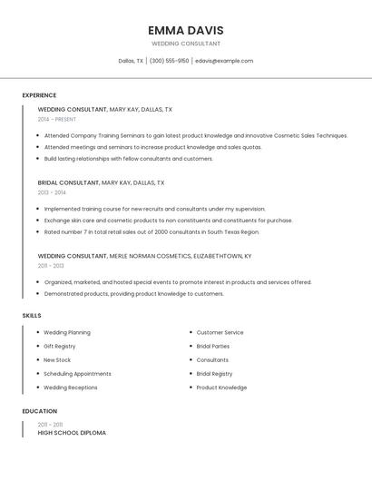 Wedding Consultant Resume