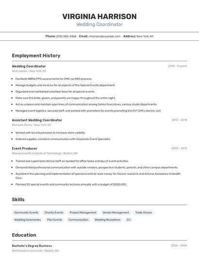 Wedding Coordinator Resume