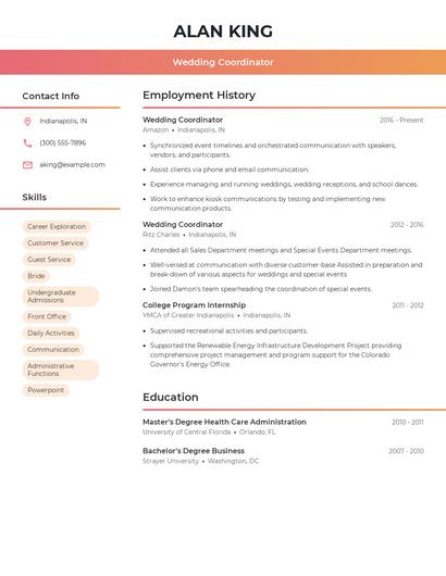 Wedding Coordinator Resume
