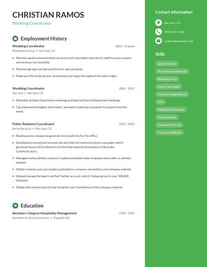 Wedding Coordinator Resume