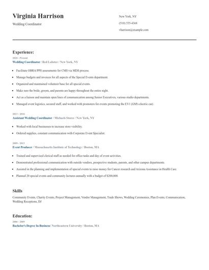 Wedding Coordinator Resume