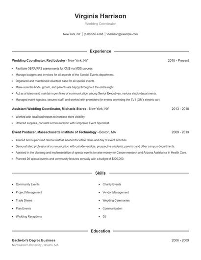 Wedding Coordinator Resume
