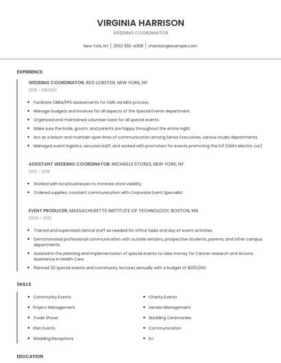 Wedding Coordinator Resume