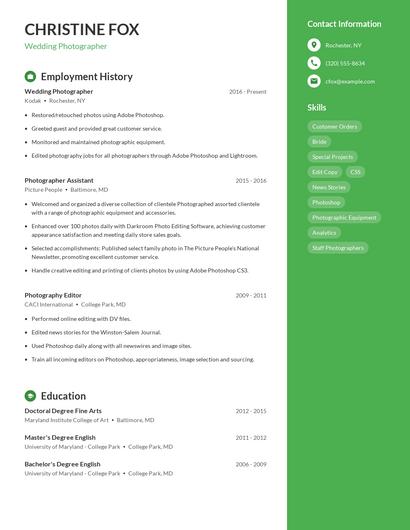 Wedding Photographer Resume