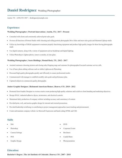 Wedding Photographer Resume