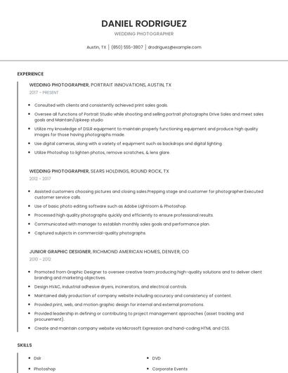 Wedding Photographer Resume