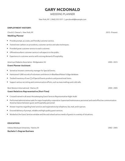 Wedding Planner Resume