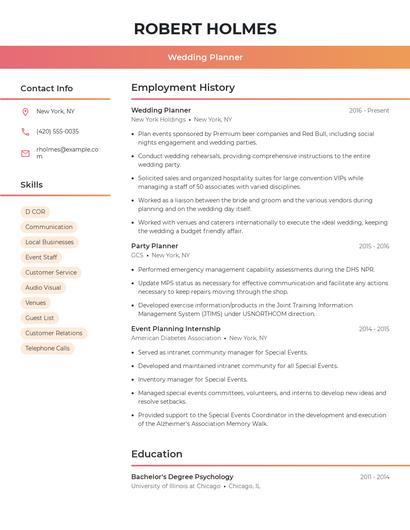 Wedding Planner Resume