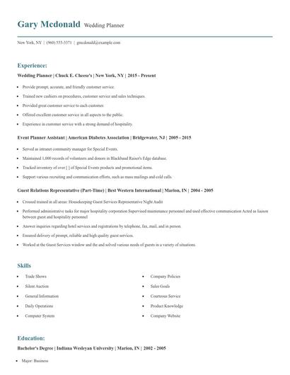 Wedding Planner Resume