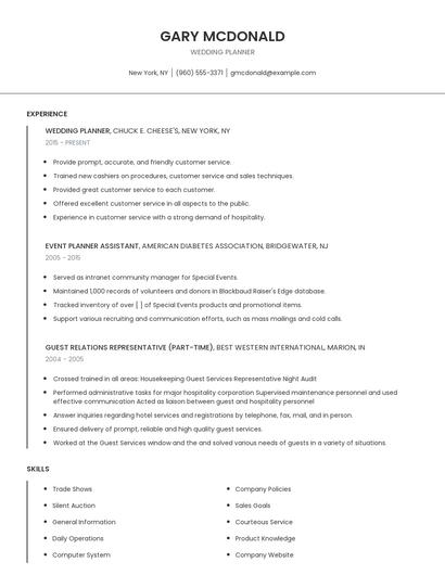 Wedding Planner Resume