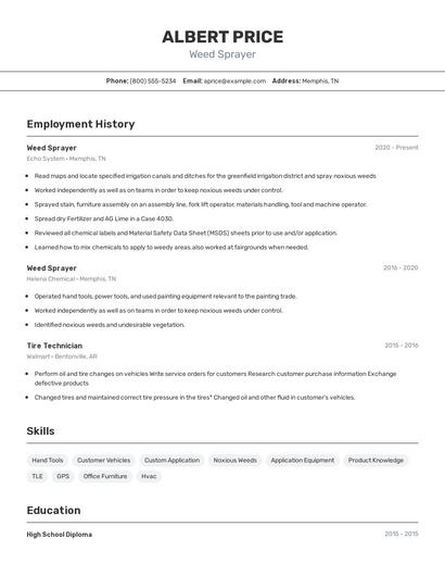 Weed Sprayer Resume
