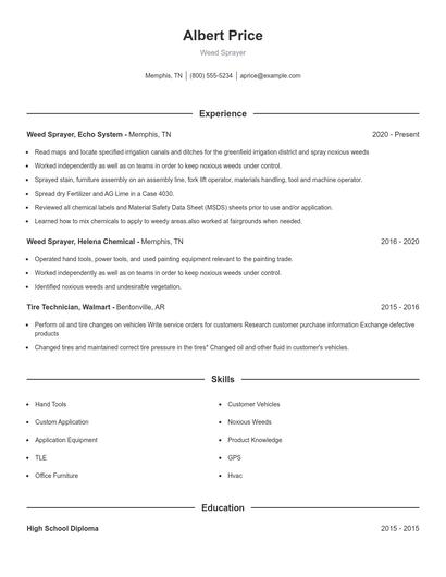 Weed Sprayer Resume