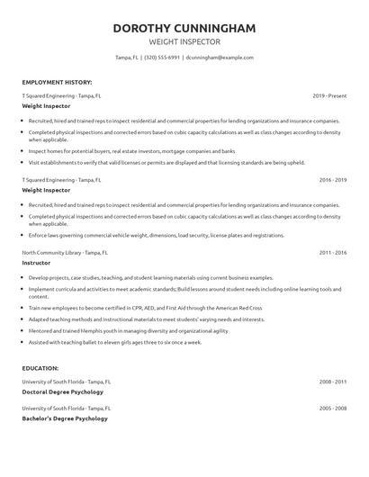 Weight Inspector Resume