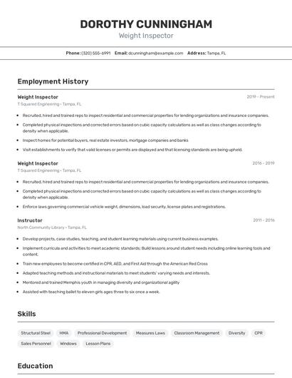Weight Inspector Resume