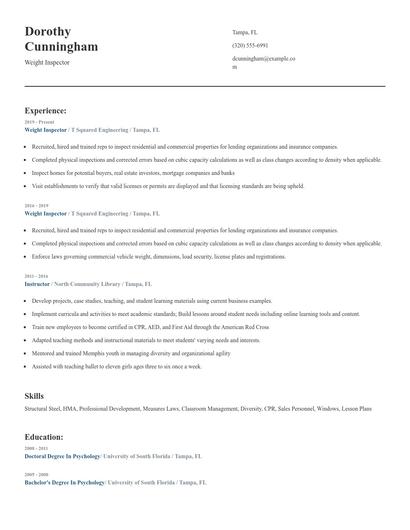 Weight Inspector Resume