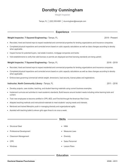 Weight Inspector Resume