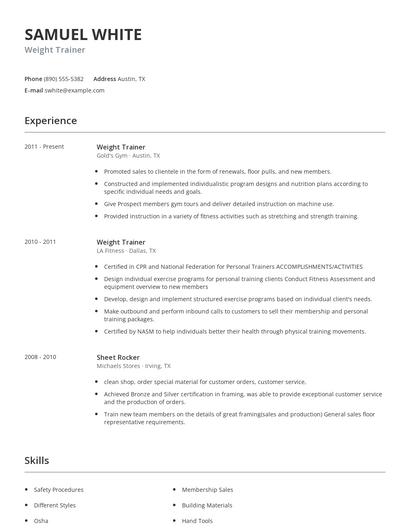 Weight Trainer Resume