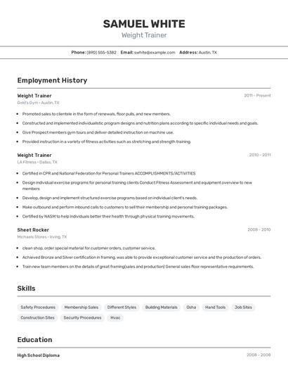 Weight Trainer Resume