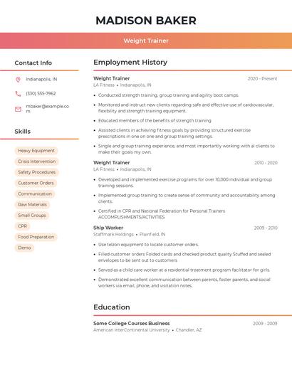 Weight Trainer Resume