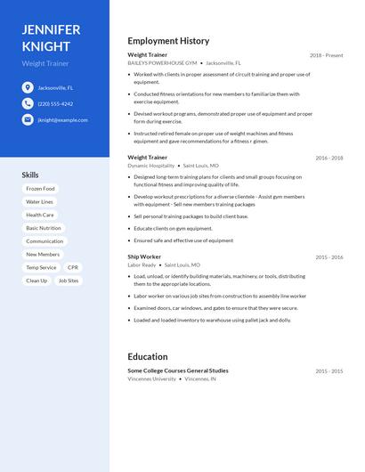 Weight Trainer Resume