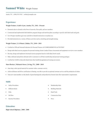 Weight Trainer Resume