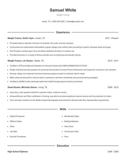 Weight Trainer Resume