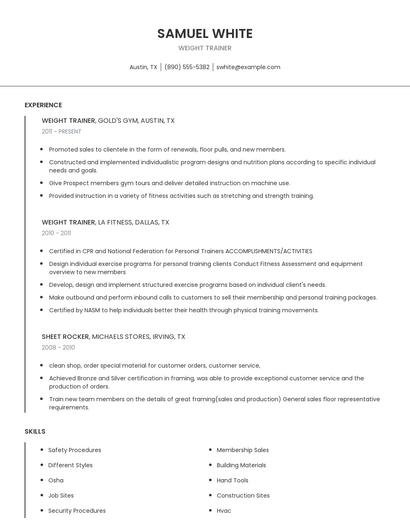 Weight Trainer Resume