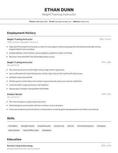 Weight Training Instructor Resume