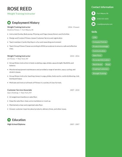 Weight Training Instructor Resume