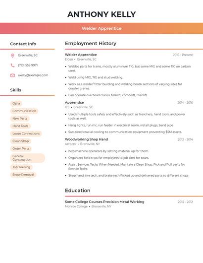 Welder Apprentice Resume