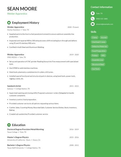 Welder Apprentice Resume
